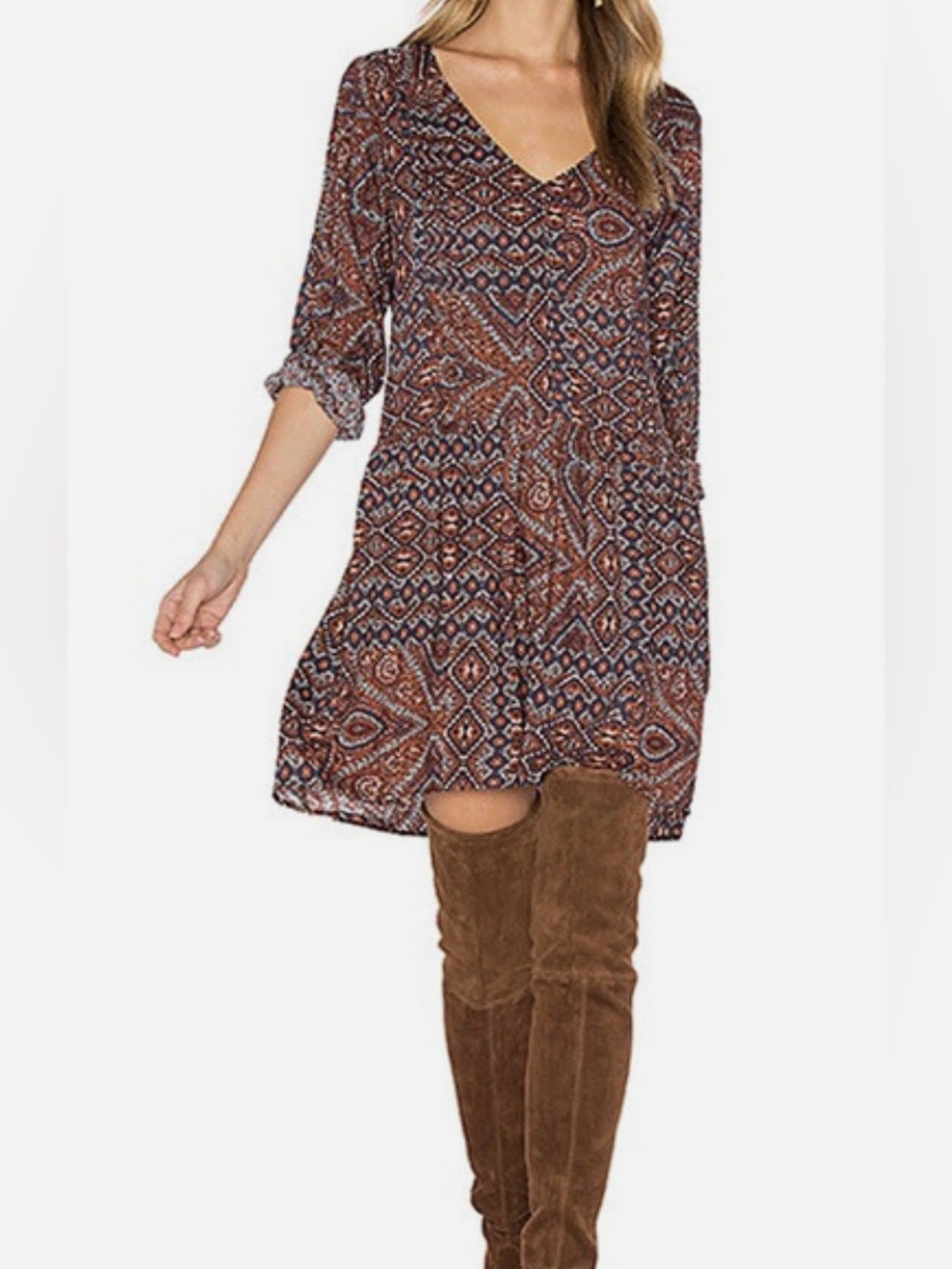 Sanctuary Autumn Fling Pintuck 3/4 Sleeve Dress W/Pockets Sz XS Paisley Boho